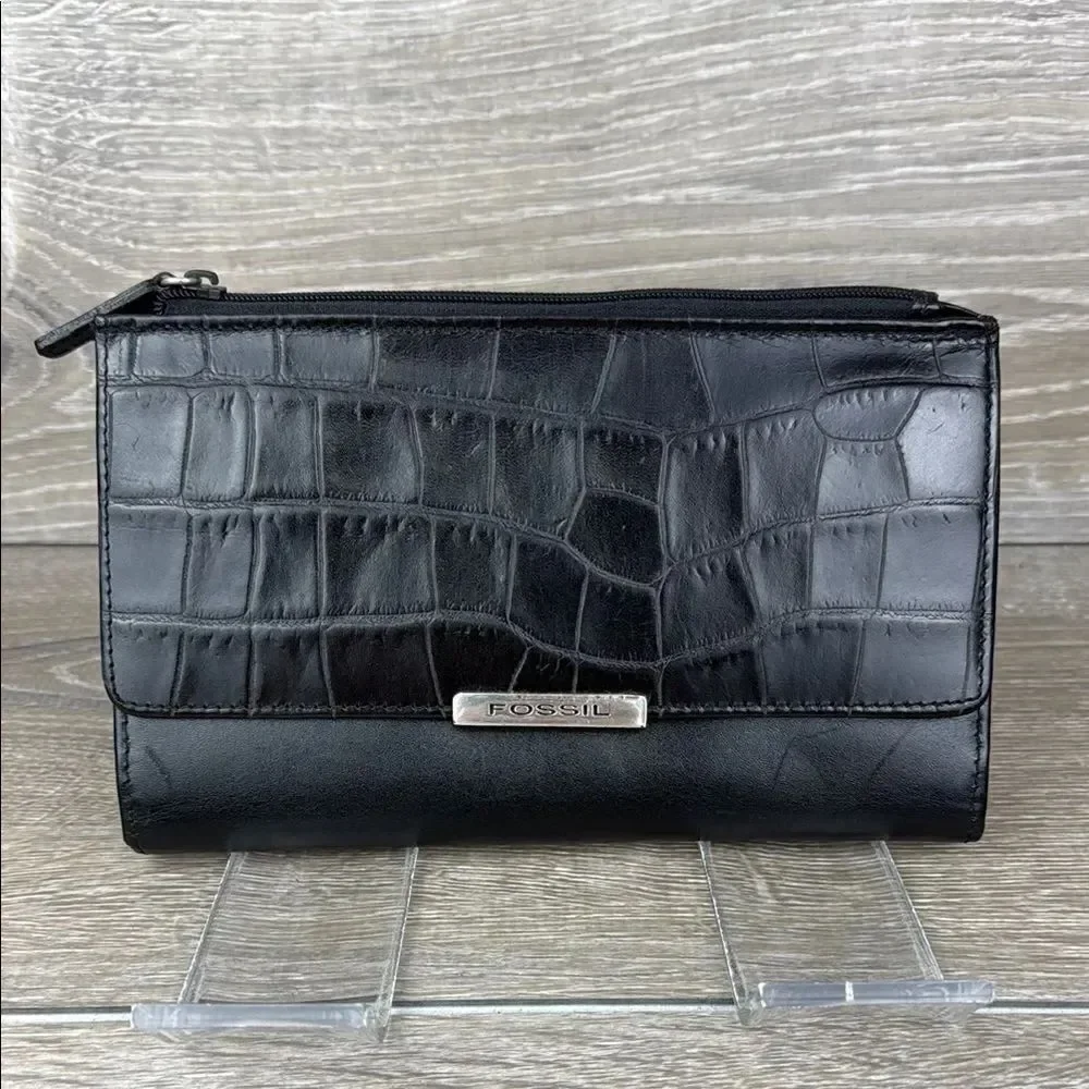 Fossil Black Avenue Croc-Embossed Leather Snap Open Tri-Fold Clutch Wallet